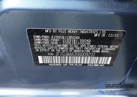 2016 Subaru Impreza 2.0I from USA, damaged, VIN JF1GJAA62GG009231